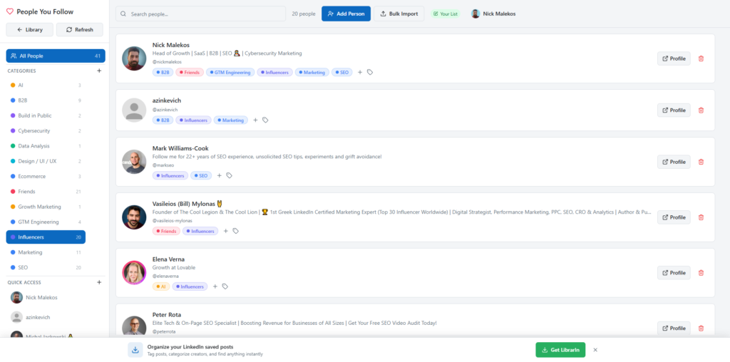 people you follow on LinkedIn to keep a library of prospects, influencers, or friends.